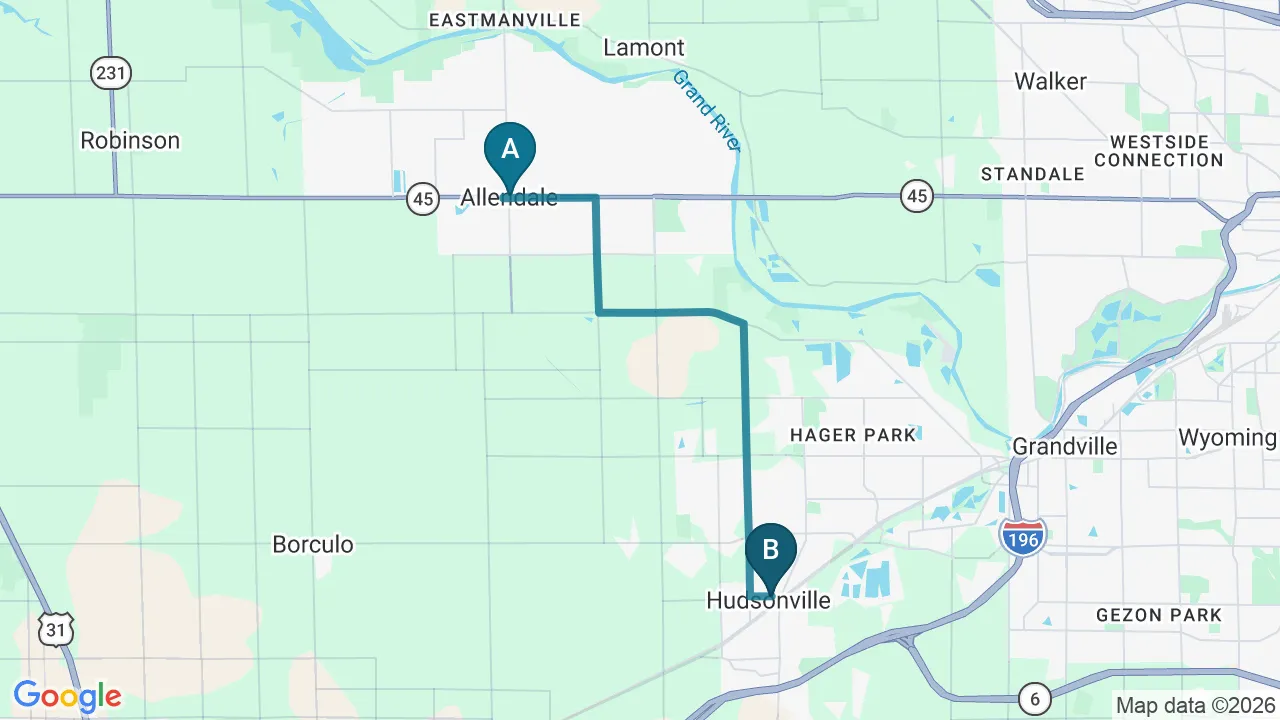 Driving directions map from Allendale, MI to Top Spine Chiropractic in Worcester