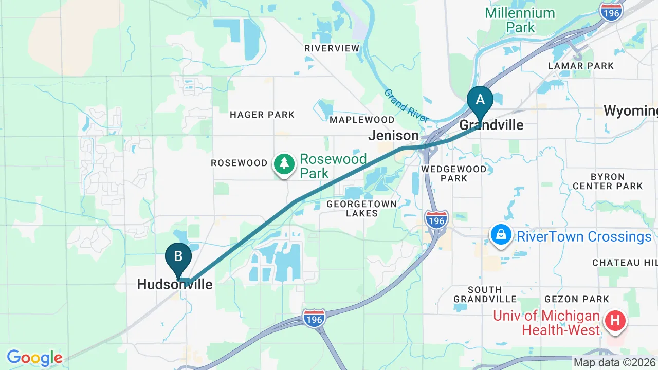 Driving directions map from Grandville, MI to Top Spine Chiropractic in Worcester