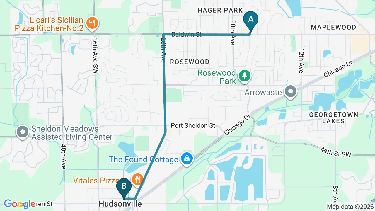 Driving directions map from Jenison, MI to Top Spine Chiropractic in Worcester