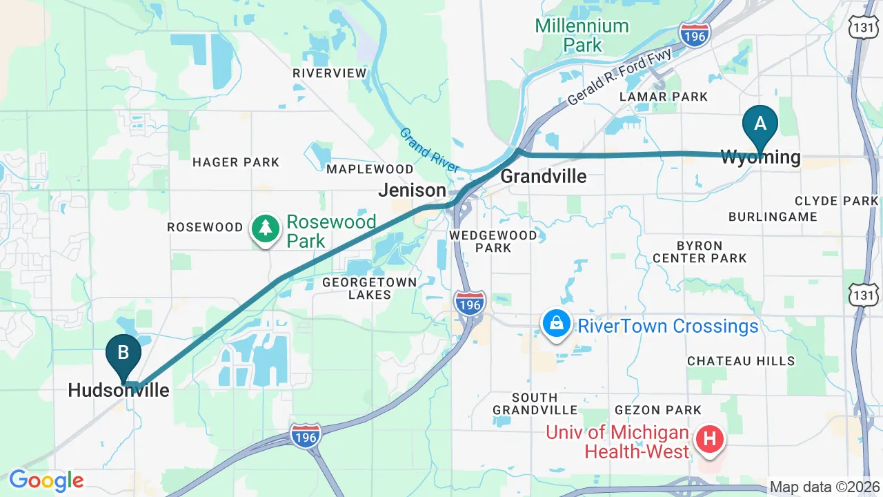 Driving directions map from Wyoming, MI to Top Spine Chiropractic in Worcester