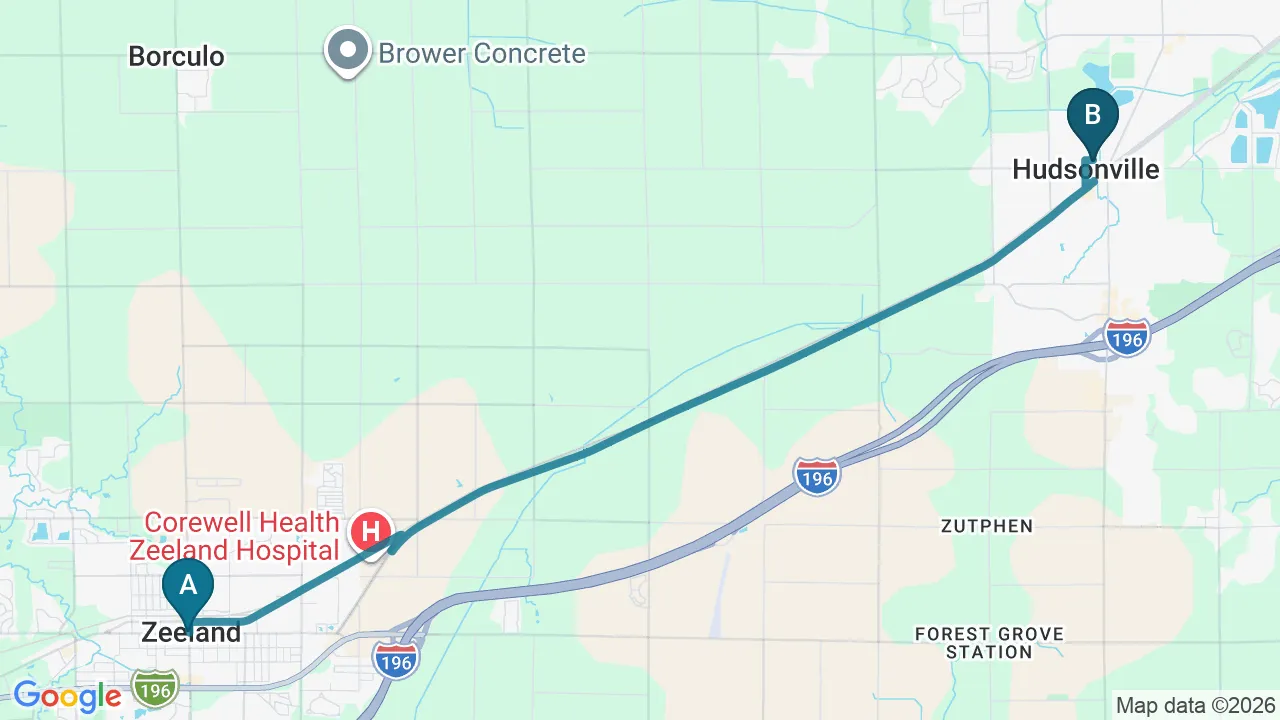 Driving directions map from Zeeland, MI to Top Spine Chiropractic in Worcester